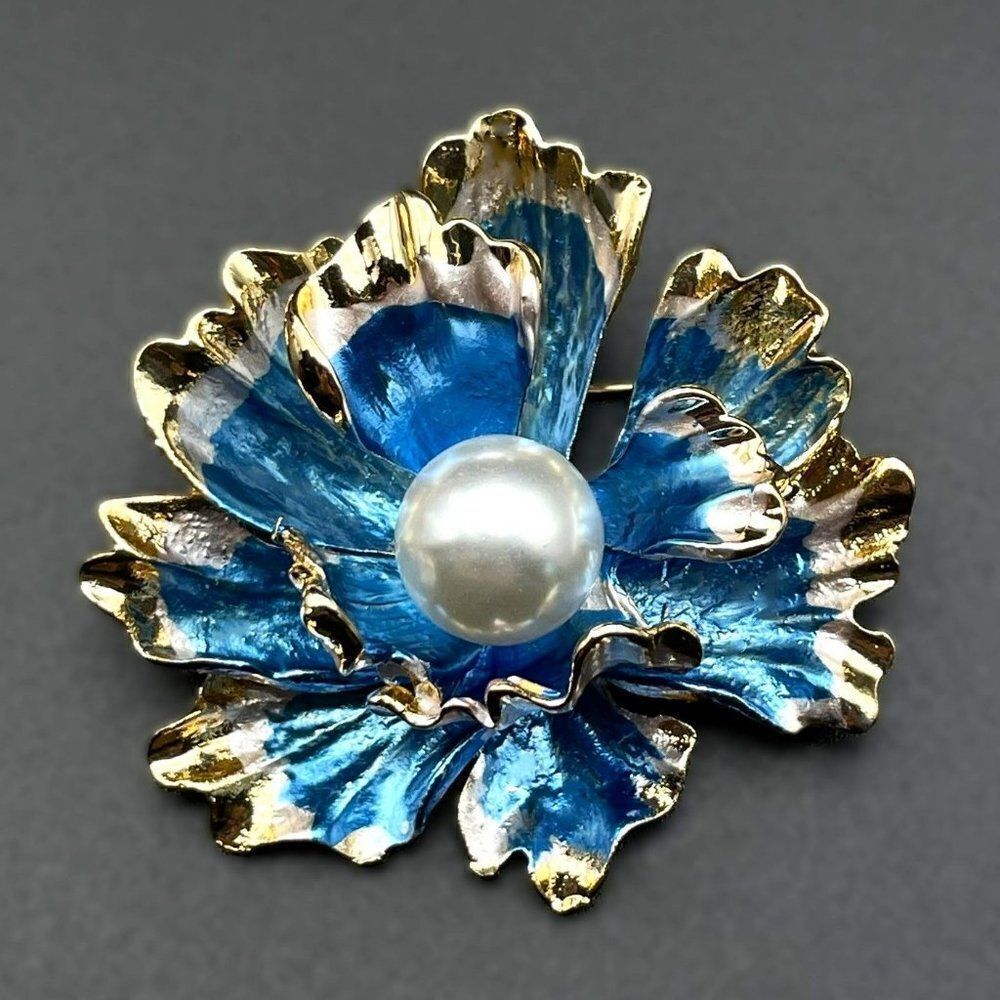 Yellow Gold with Blue Enamel and White Pearl Peony Flower Pin Back Brooch
